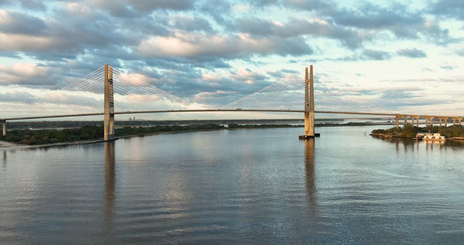 Sunrise view of the Dames Point Bridge in Jacksonville, Florida.