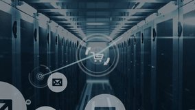 Animation of network of shopping carts and data with email icons over computer server room. Data, email, online shopping, digital interface, business and communication, digitally generated video. - Powered by Shutterstock - Get 15% off with code: PIKWIZARD15