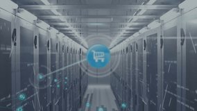 Animation of networks of shopping carts and security padlocks over computer server room. Data, security, online shopping, digital interface, business and communication, digitally generated video. - Powered by Shutterstock - Get 15% off with code: PIKWIZARD15