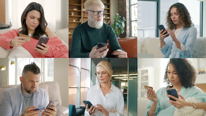 Collage of business people making online payment, receiving failure notice on smartphone. Diverse men and women has difficulty problem fail with bank credit card. Employee can not complete transaction Royalty-Free Stock Footage #3417429433