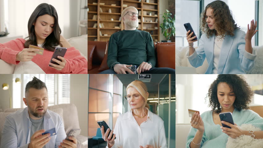 Collage of business people making online payment, receiving failure notice on smartphone. Diverse men and women has difficulty problem fail with bank credit card. Employee can not complete transaction