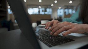 Closeup unrecognizible ceo browsing internet laptop at office. Woman hands typing on notebook keyboard slow motion. Successful project manager making work on computer at open space coworking  - Powered by Shutterstock - Get 15% off with code: PIKWIZARD15
