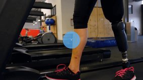 Animation of network of email icons over caucasian woman with prosthetic leg in vr headset at gym. Networks, digital interface, fitness, disability and communication, digitally generated video.