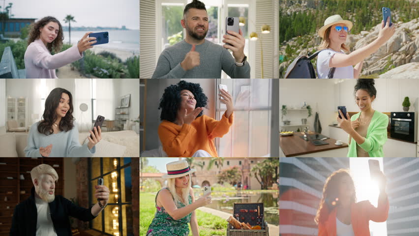 Happy people holding smartphone and talking to front camera during video call. Multi ethnic friends chatting making distant group video call. Smiling diverse people talking and laughing. Collage view Royalty-Free Stock Footage #3417503717
