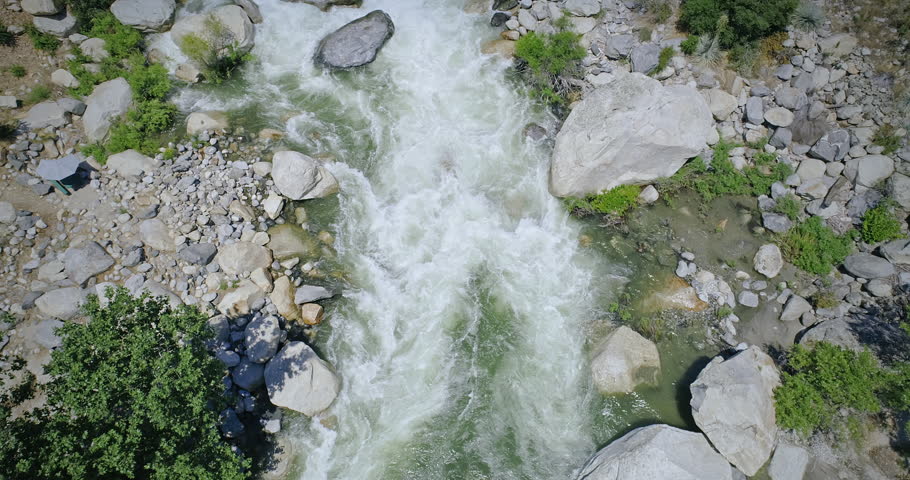 Aerial over river rapids and bridge near Sequoia National Park Entrance, Three Rivers, California, USA