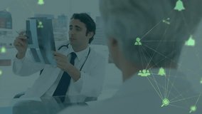 Animation of network of social media icons over caucasian male doctor with x ray and patient. Medical services, healthcare, digital interface, networks and communication, digitally generated video. - Powered by Shutterstock - Get 15% off with code: PIKWIZARD15
