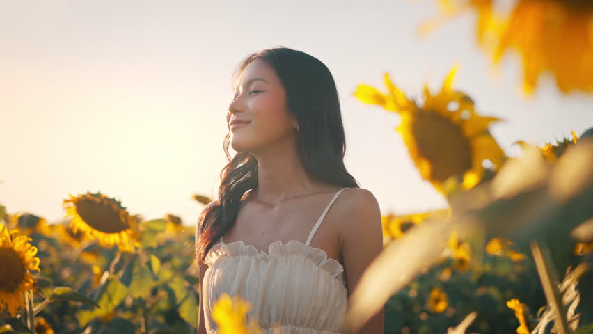 Young carefree asian woman exhaling fresh air in field with sunflowers in sunset, enjoying nature, happy female closed her eyes dream.