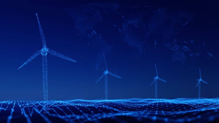 an abstract 3D motion graphic of a wind farm at sea, with wind turbines distributed across the ocean. The background of the image features an abstract world map with out-of-focus points.