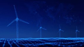 an abstract 3D motion graphic of a wind farm at sea, with wind turbines distributed across the ocean. The background of the image features an abstract world map with out-of-focus points. - Powered by Shutterstock - Get 15% off with code: PIKWIZARD15