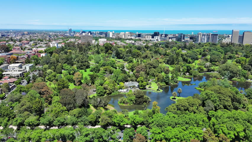 Melbourne, Australia: Aerial view of Royal Botanic Gardens Victoria in capital city of Victoria, sunny day with clear blue sky Royalty-Free Stock Footage #3417704325