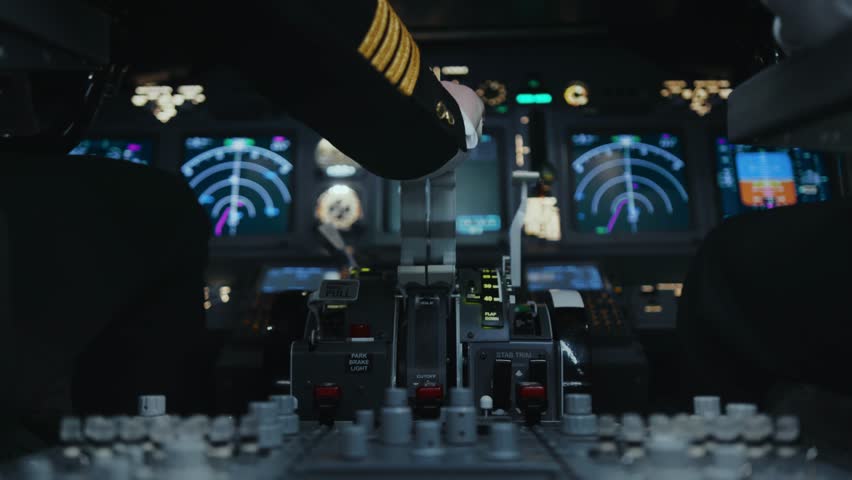 Airplane Pilot Taking Plane Off Airport and Using Lever on Control Panel of Cockpit Close-Up. Hand of Professional Man Holding Fly Controller Closeup. Aircraft Technology for Aviator to Flight Study - Powered by Shutterstock - Get 15% off with code: PIKWIZARD15