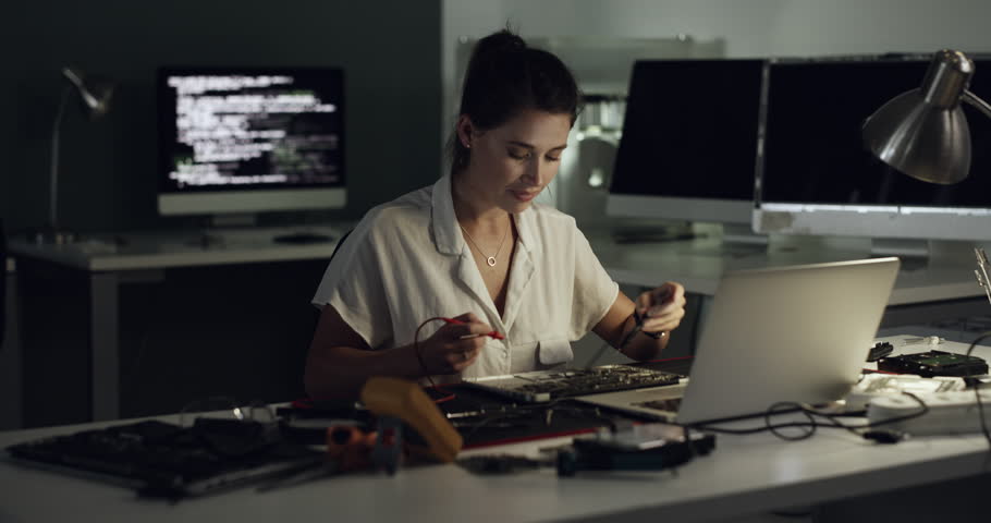 Happy woman, IC meter and celebrate repair of computer hardware, electronics or semiconductor solution. IT achievement, maintenance success and night technician excited for fixing CPU, circuit or PC Royalty-Free Stock Footage #3417770387
