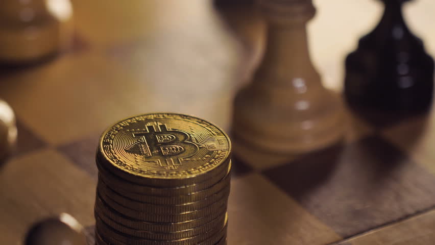 macro person knocks down decentralized bitcoin coins heap and puts chessman horse on currency remainder