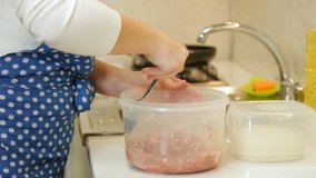 Woman Baking In The Kitchen, Mixing Mincemeat, Kneading Dough For Meat Pasty