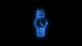 Video footage of Blue glowing Women Wrist watch neon icon. Looped Neon Lines abstract on black background. Futuristic laser background. Seamless loop. 4k video