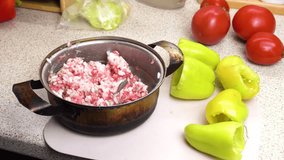 Preparation of minced meat for filling stewed stuffed sweet bell peppers. Adding salt to the minced meat. Step-by-step cooking video recipe. Culinary master class on home cooking.

