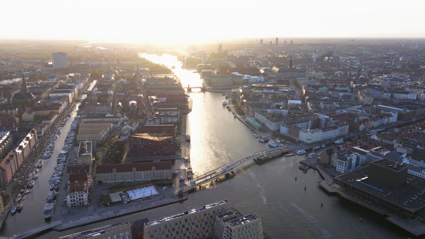 Aerial shot towards Copenhagen harbour at sunset Royalty-Free Stock Footage #3417946085