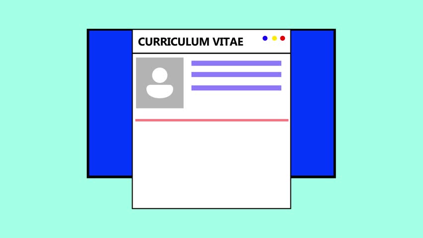 Curriculum vitae or resume animated on a computer screen with icon and skill rating graphics.