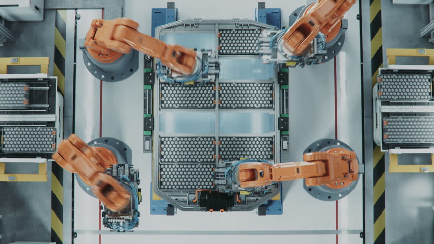 Top View of Automated Production Line with Robotic Arms. EV Battery Pack for Automotive Industry Assembly. Electric Car Smart Factory. Manufacturing Line Equipped with Robot Arms Royalty-Free Stock Footage #3417955091