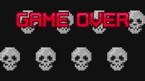 Animated pixel art Game Over screen with human skulls on background. 8-bit retro video arcade style Game Over backdrop screen looping animation with Try Again choice buttons. - Powered by Shutterstock - Get 15% off with code: PIKWIZARD15
