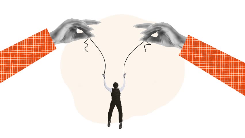 Creative stop motion. Modern animation. Huge hands holding businessman and manipulating like marionette. Concept of persuasion, exploitation, business control. influence, working pressure, employment