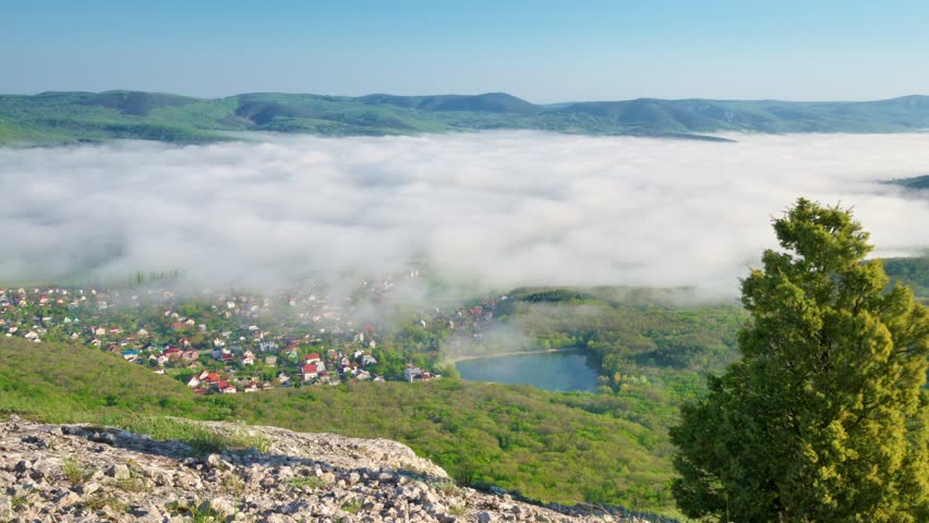 Morning mist in mountin valley. Nature landscape composition. 