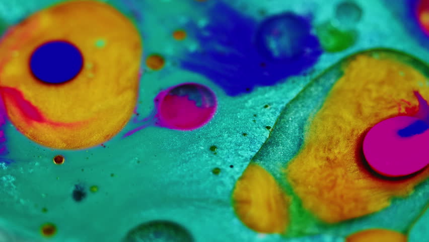 Glitter fluid. Paint bubbles. Defocused cyan blue golden yellow color shimmering oil liquid mix drip flow motion abstract art background. Royalty-Free Stock Footage #3418111333