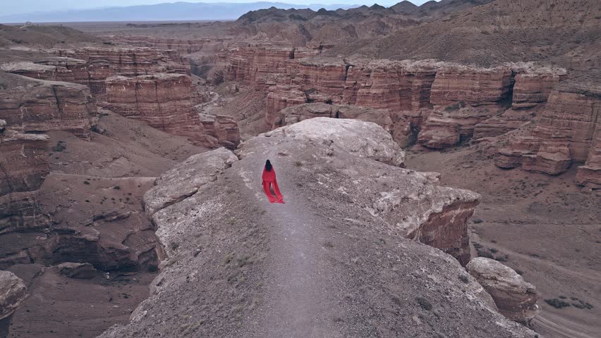 A woman in red is dancing on the cliff of the canyon.
