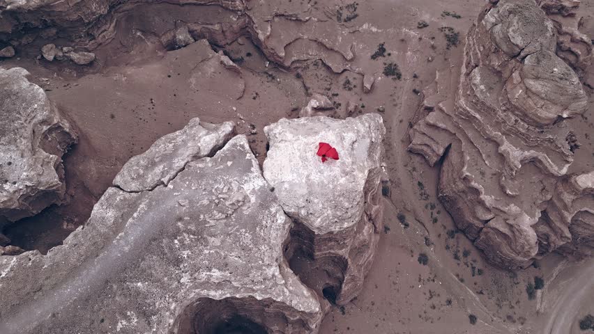 A woman in red is dancing on the cliff of the canyon.