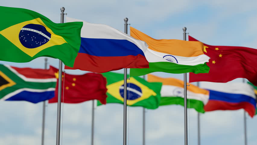 BRICS flags waving together on cloudy sky, endless seamless loop Royalty-Free Stock Footage #3418132263
