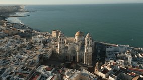 Captivating aerial video of the Cathedral of Cadiz, a Roman Catholic church located in the old town Cadiz, region of Andalusia, Spain