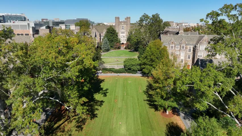 Duke University architecture and campus. Aerial shot of Davison Quad.