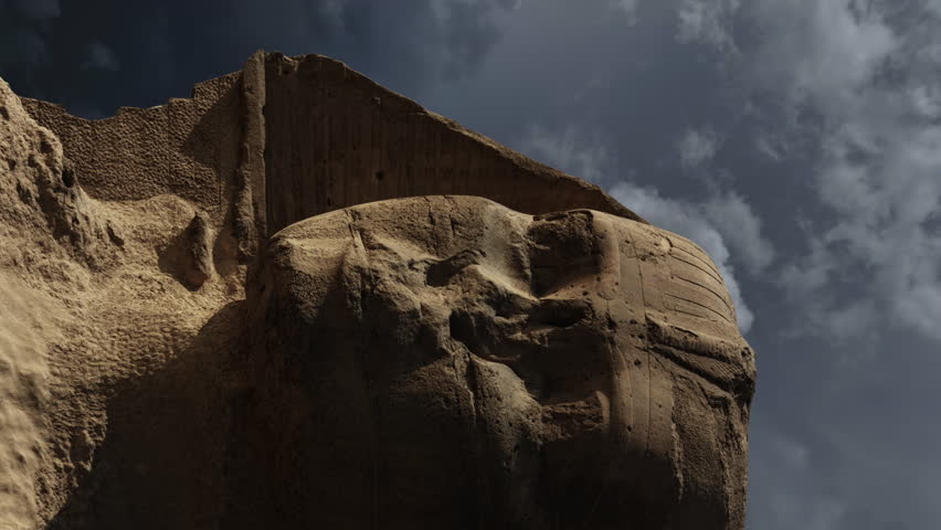 Sphinx head and dark storm clouds in Giza Cairo, Egypt. Vertical video