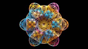 3d render of abstract art video animation with surreal symmetry fractal circular hypnotic mandala flower based on colorful orange purple red plastic wire atomic structure on a black background