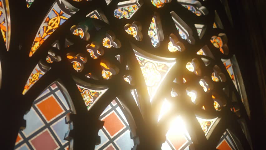 Gothic multicolored stained glass vintage windows. Inside the church Royalty-Free Stock Footage #3418218999