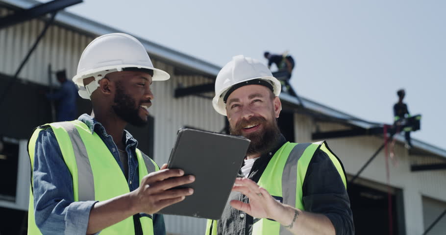 Discussion, tablet and construction site with men with building planning and safety gear as contractor. Engineer, diversity and communication on technology, maintenance and renovation by warehouse Royalty-Free Stock Footage #3418220919