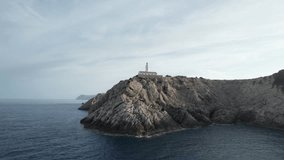 4k video drone view. Lighthouse structure near the coast, Capdepera, Mallorca