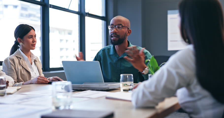 Business people, manager and questions in meeting for planning, discussion and feedback at copywriting agency. Professional leader speaking, advice and project ideas, teamwork or documents for agenda