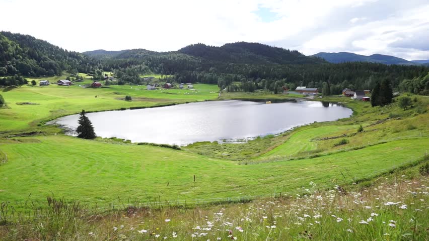 Small village at a lake in Norway