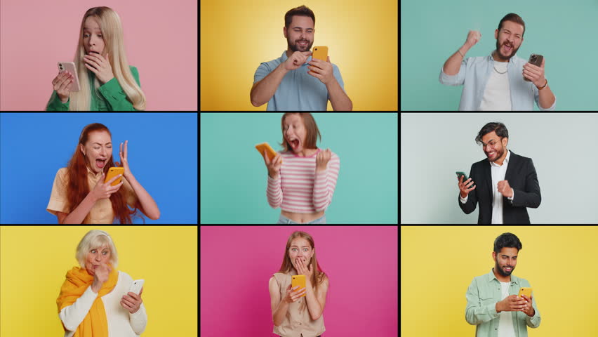 Collage of smiling happy people portraits diverse gender, different ages, ethnicity. Men women use mobile smartphone celebrating win good message news lottery game jackpot victory on color backgrounds