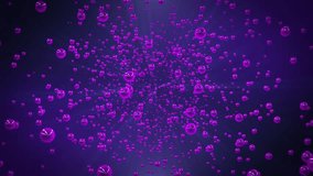 Abstract purple bubbles floating and spinning on a shiny dark blue background with bright reflections and moving camera effect , motion graphics , video 4k , 60 fps