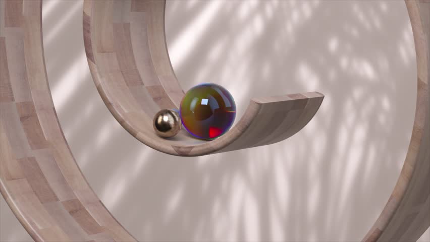 Spheres traverse a wooden helix, casting playful shadows in this serene, 3D animated loop. 3D Illustration
