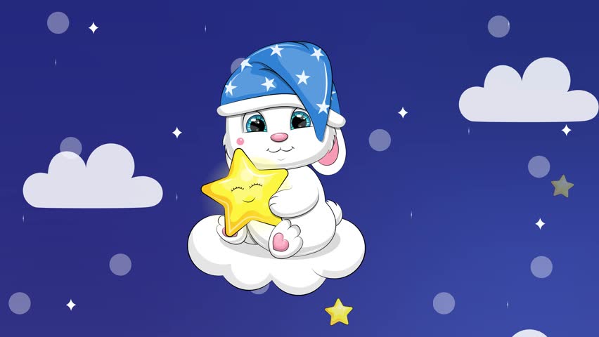 Cute cartoon white rabbit in a nightcap holds a star and sits on a cloud. Night animation of animal. Looped background. Royalty-Free Stock Footage #3418593183