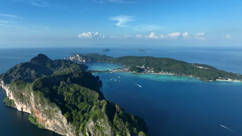 View from above, stunning aerial view of Ko Phi Phi Don the main island of Thailand’s Ko Phi Phi archipelago. Andaman Sea, Krabi, Thailand.