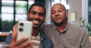 Home, gay couple and video call with selfie, funny joke and love with bonding and hug in living room. Partner, laughing and lgbt pride with marriage in house with queer relationship of black men