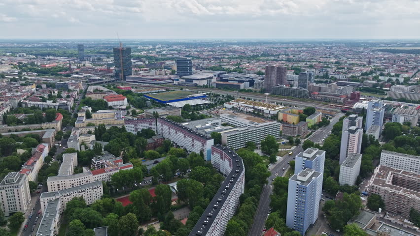 Drone aerial shot of a residential area in Friedrichshain district in Berlin , Germany