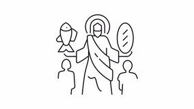 Jesus feeds 5000 line animation. Jesus Christ animated icon. New testament. Christian theology. Black illustration on white background. HD video with alpha channel. Motion graphic