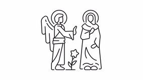 Annunciation line animation. Holy Mary and Angel Gabriel animated icon. New Testament. Bible revelation. Black illustration on white background. HD video with alpha channel. Motion graphic