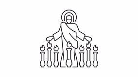 Book of revelation line animation. Jesus Christ and seven lampstands animated icon. New testament. Black illustration on white background. HD video with alpha channel. Motion graphic