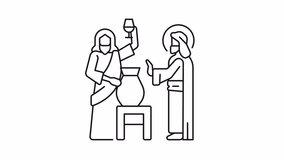 First miracle line animation. Jesus Christ turns water into wine animated icon. Wedding at Cana. Black illustration on white background. HD video with alpha channel. Motion graphic